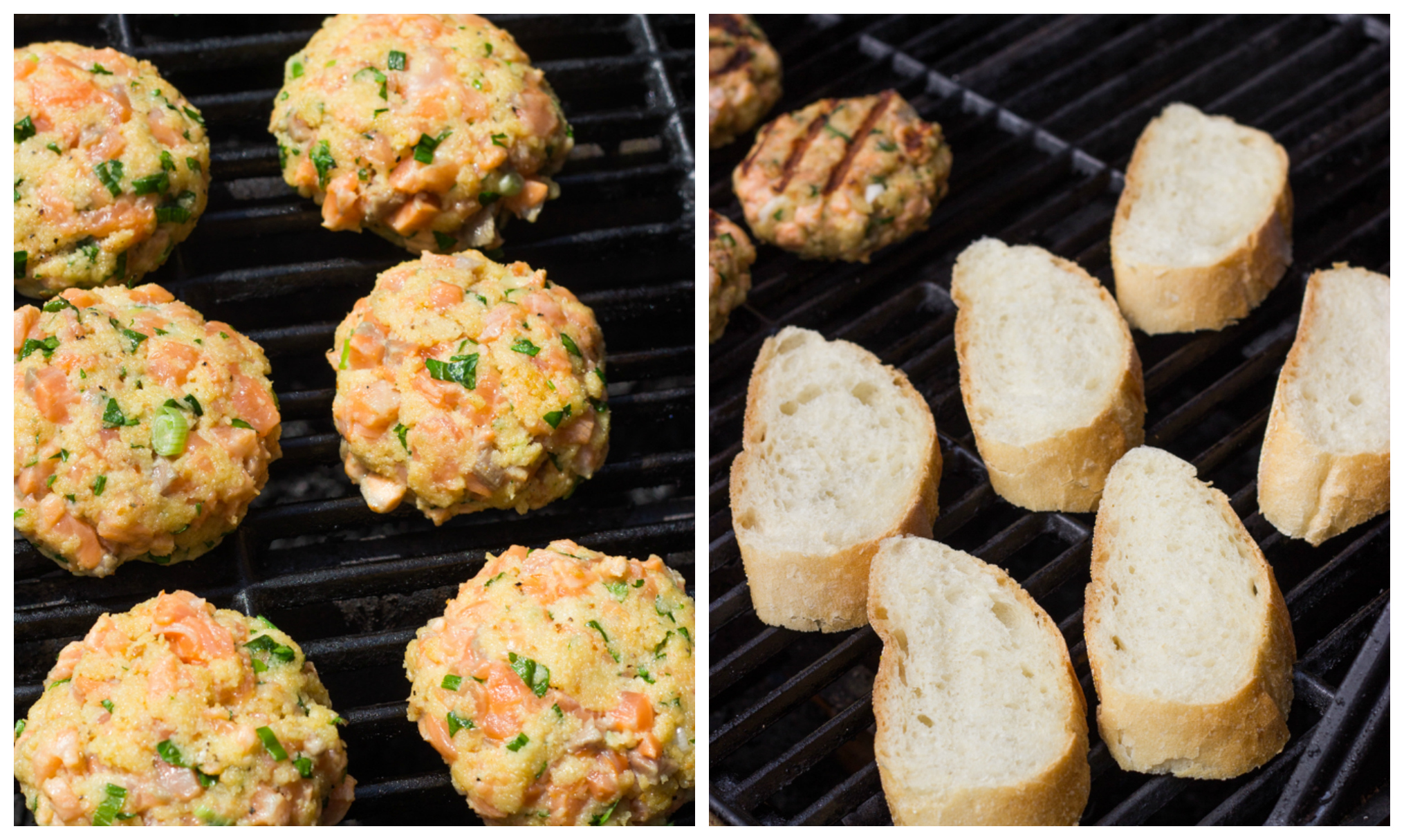 grilled salmon burgers on a grill