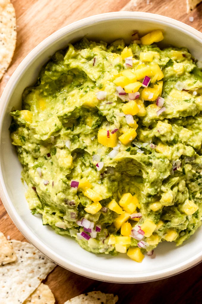 close up of mango guacamole recipe in a bowl