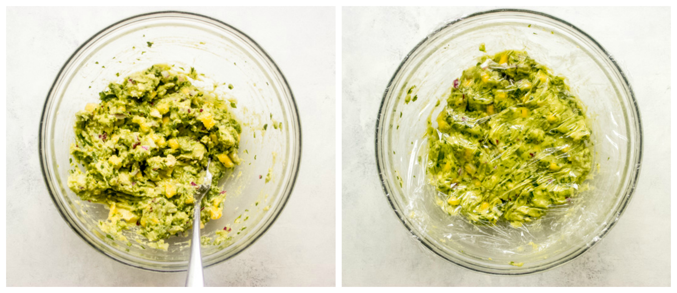 mashed up avocado in a bowl with mango