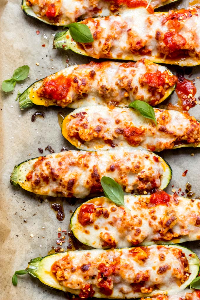 overhead close up chicken stuffed zucchini boats