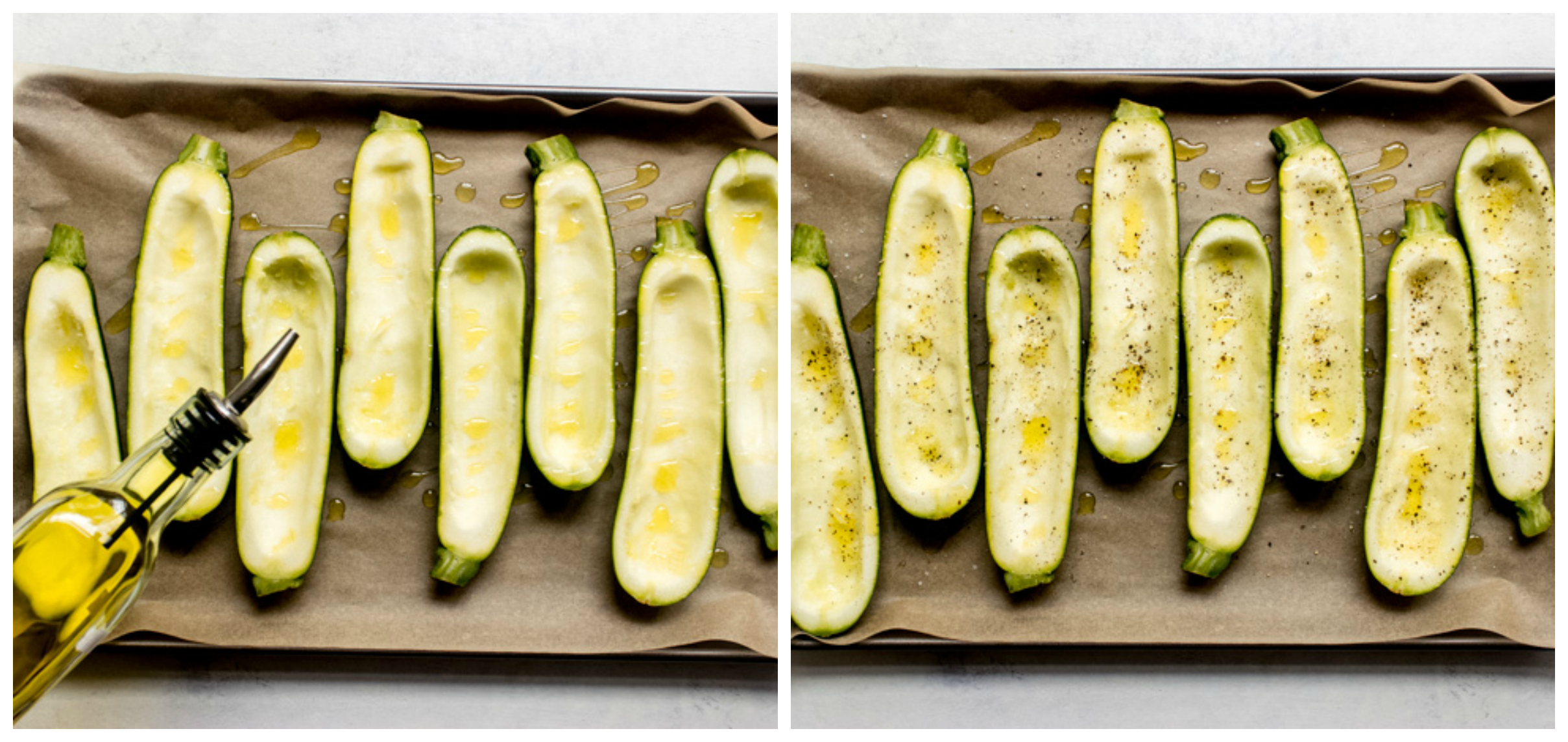 seasoned zucchini boats on baking sheet