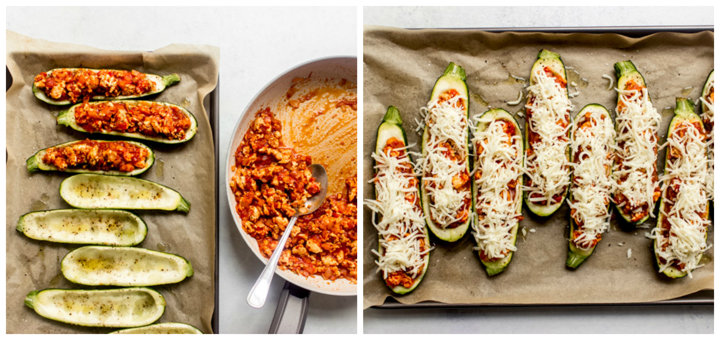 stuffed zucchini boats on a sheet pan