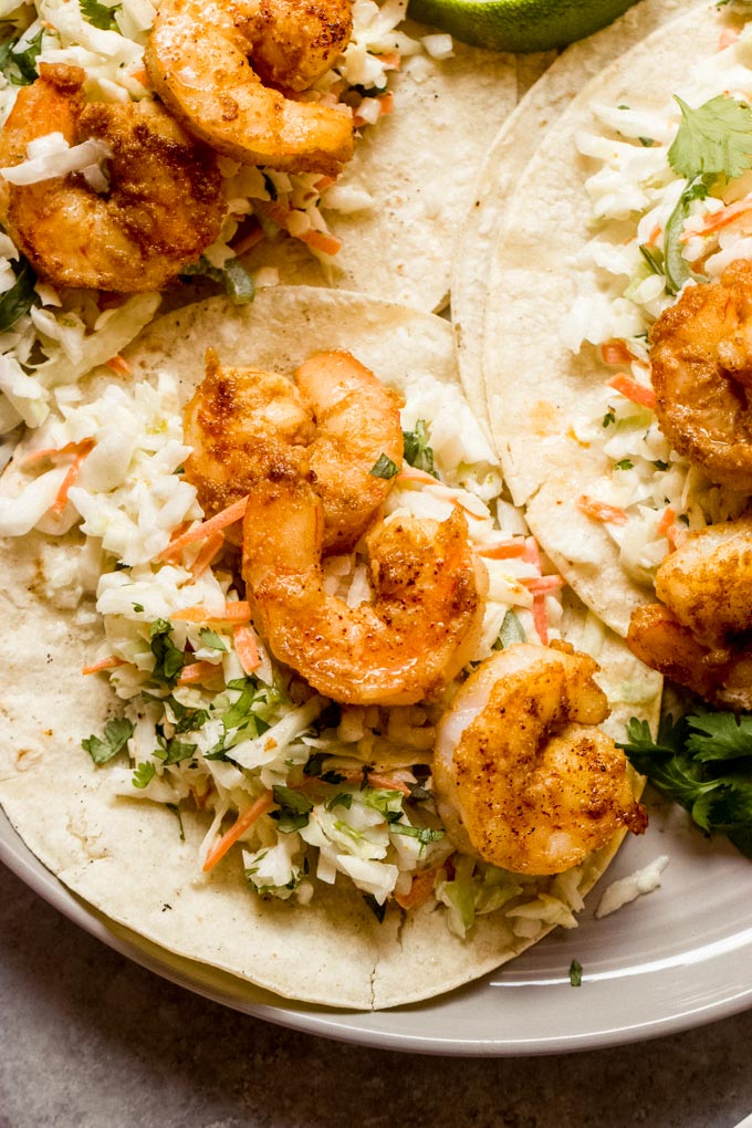 close up spicy shrimp tacos
