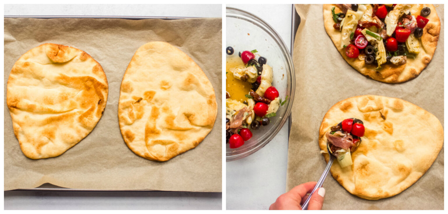 flatbread with mediterranean toppings on a baking sheet