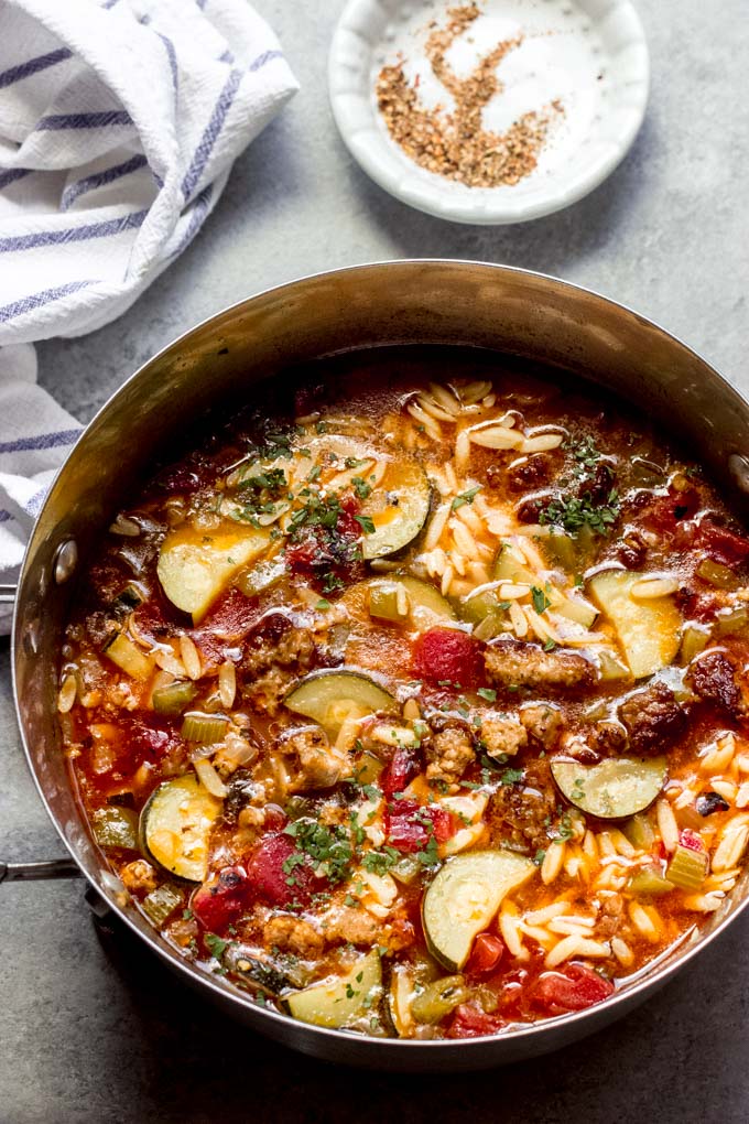 sausage zucchini soup in soup pot