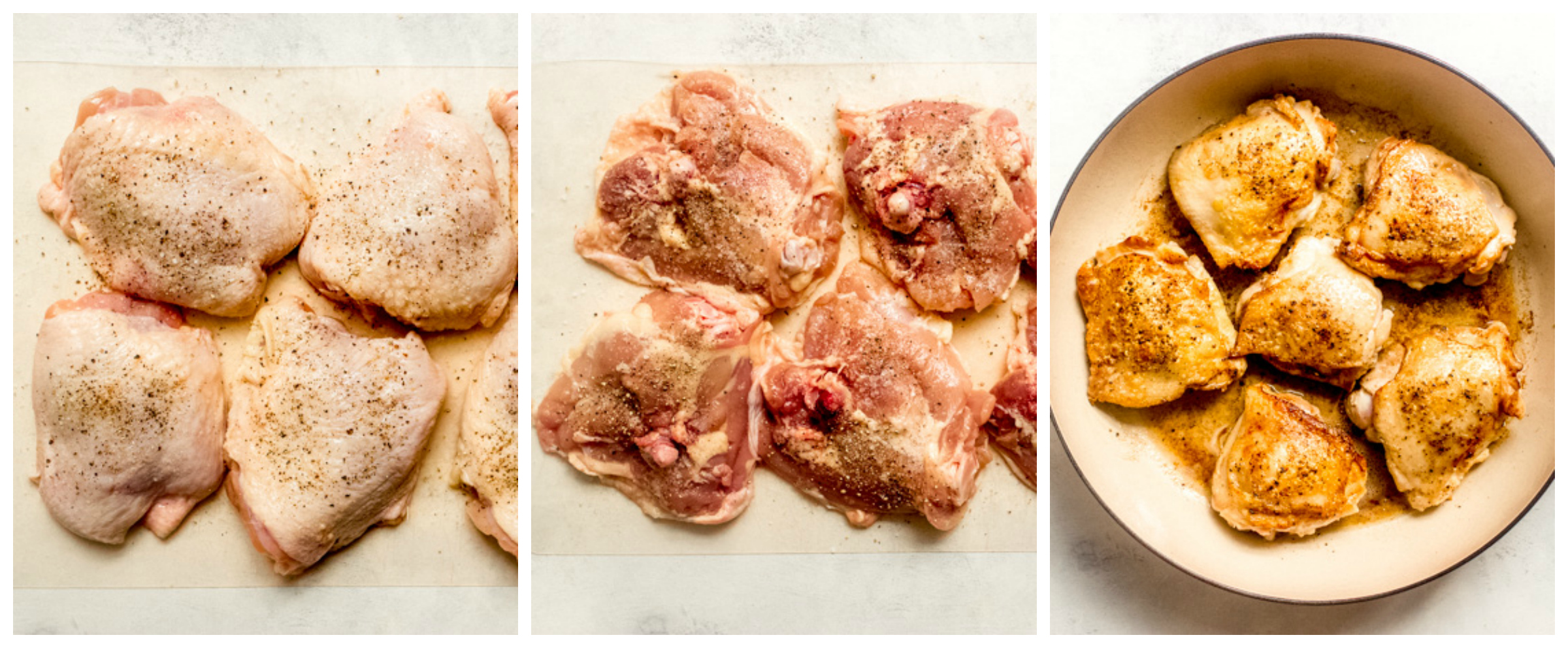 chicken thighs in skillet.