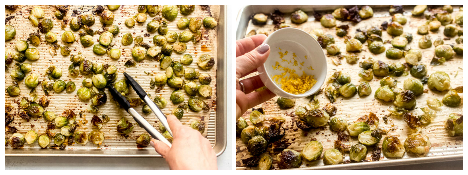 roasted brussel sprouts on a baking sheet