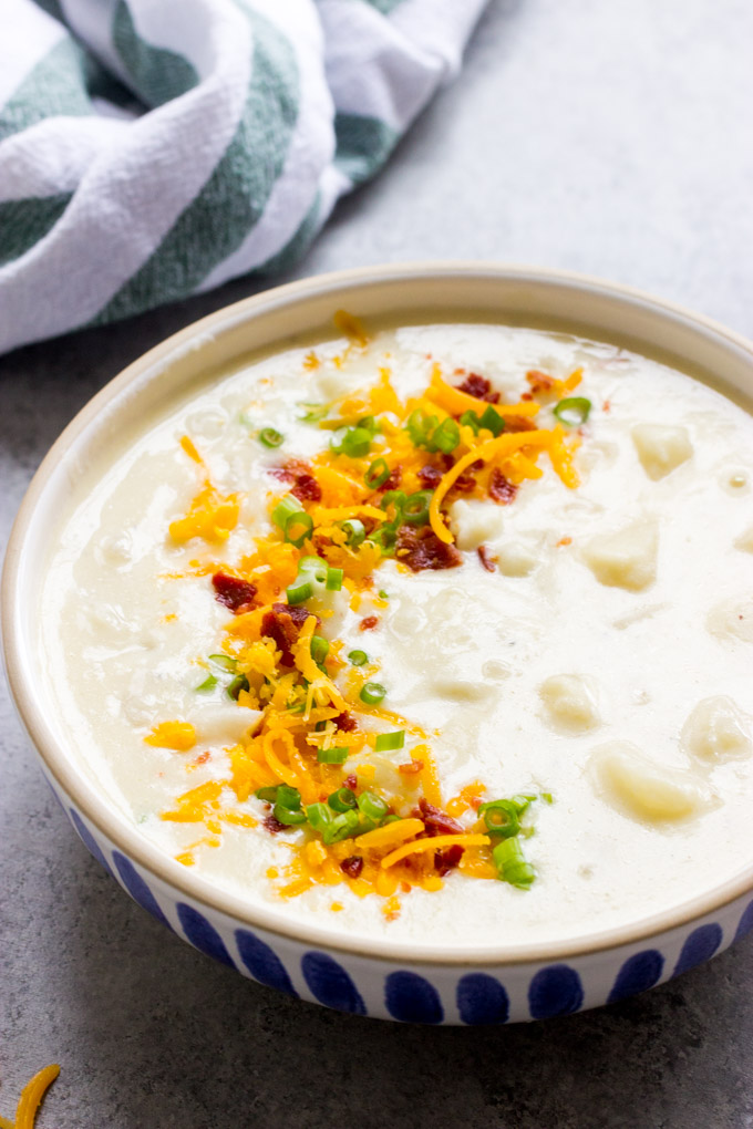 close up of easy potato soup in a bowl.