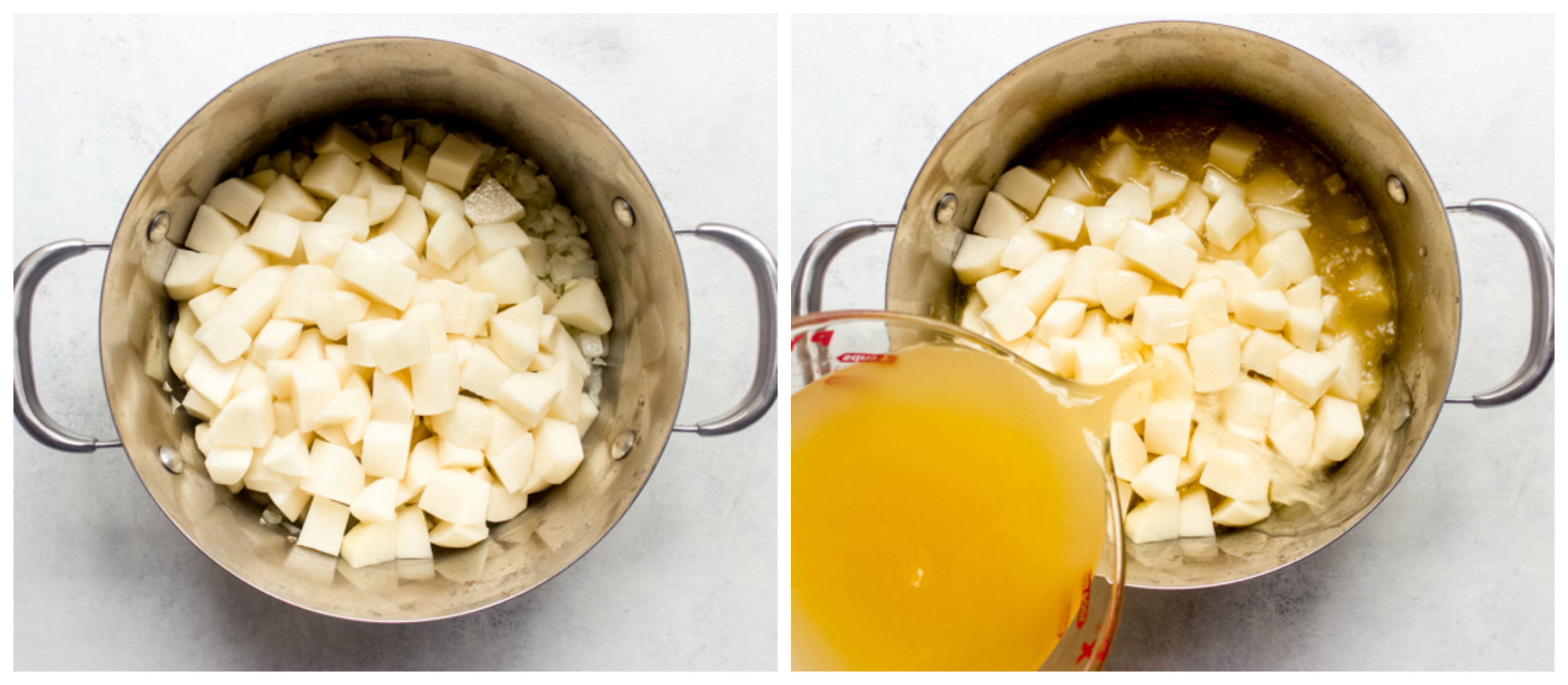 potatoes in dutch oven with broth.