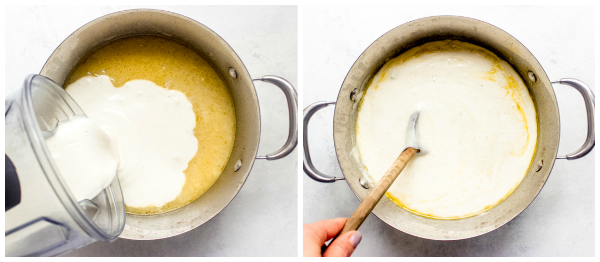 pureed potato soup in dutch oven.