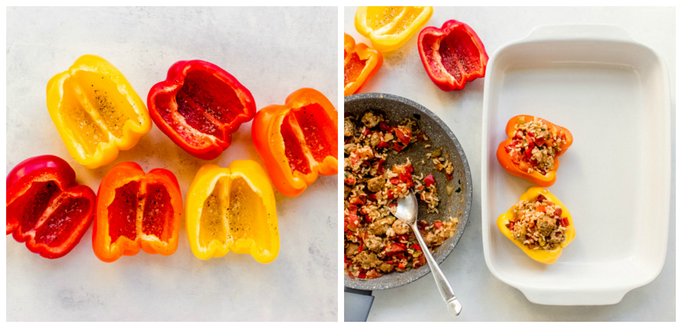 stuffed peppers in a baking dish