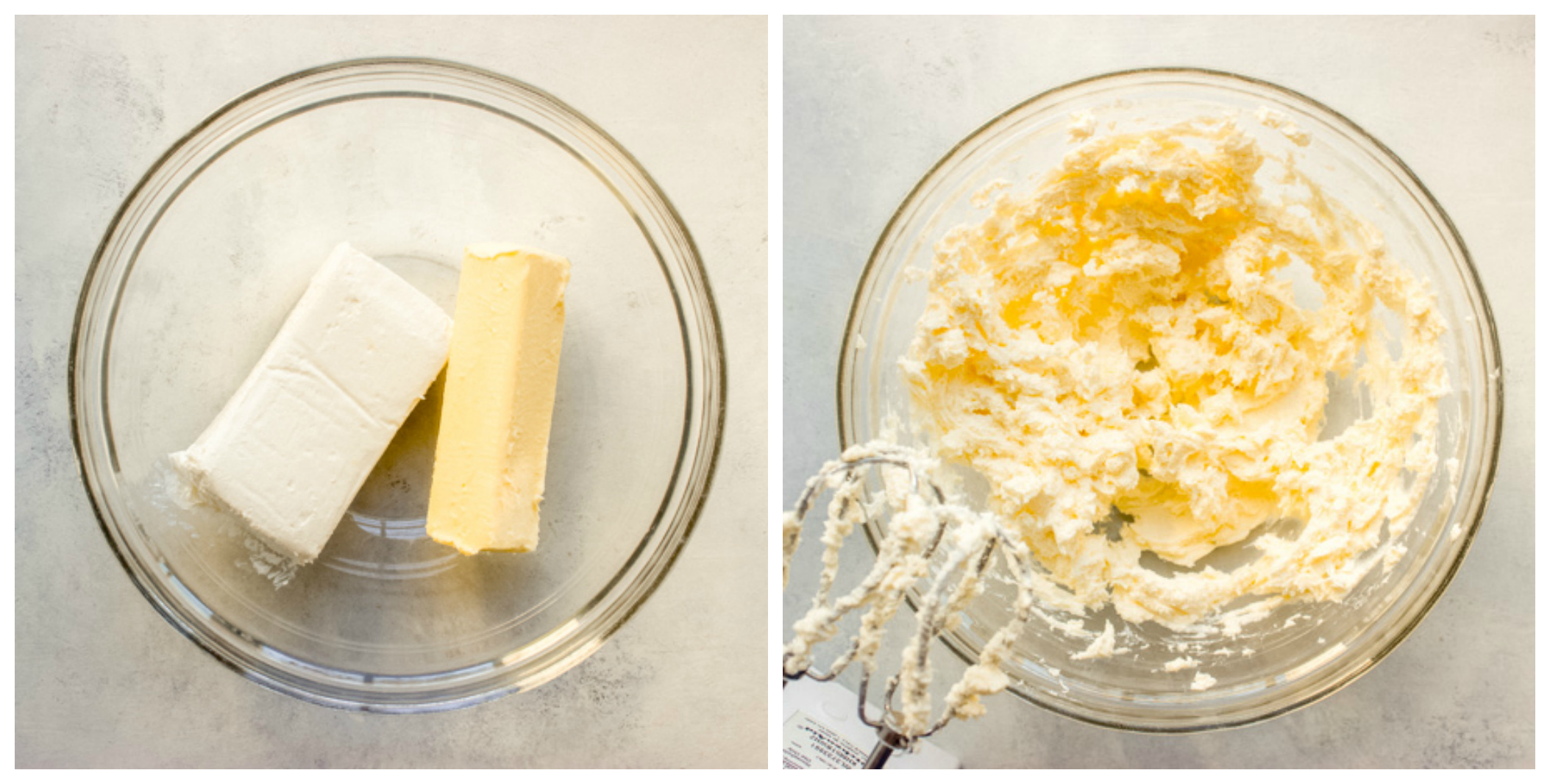 creamed butter and cream cheese in a bowl