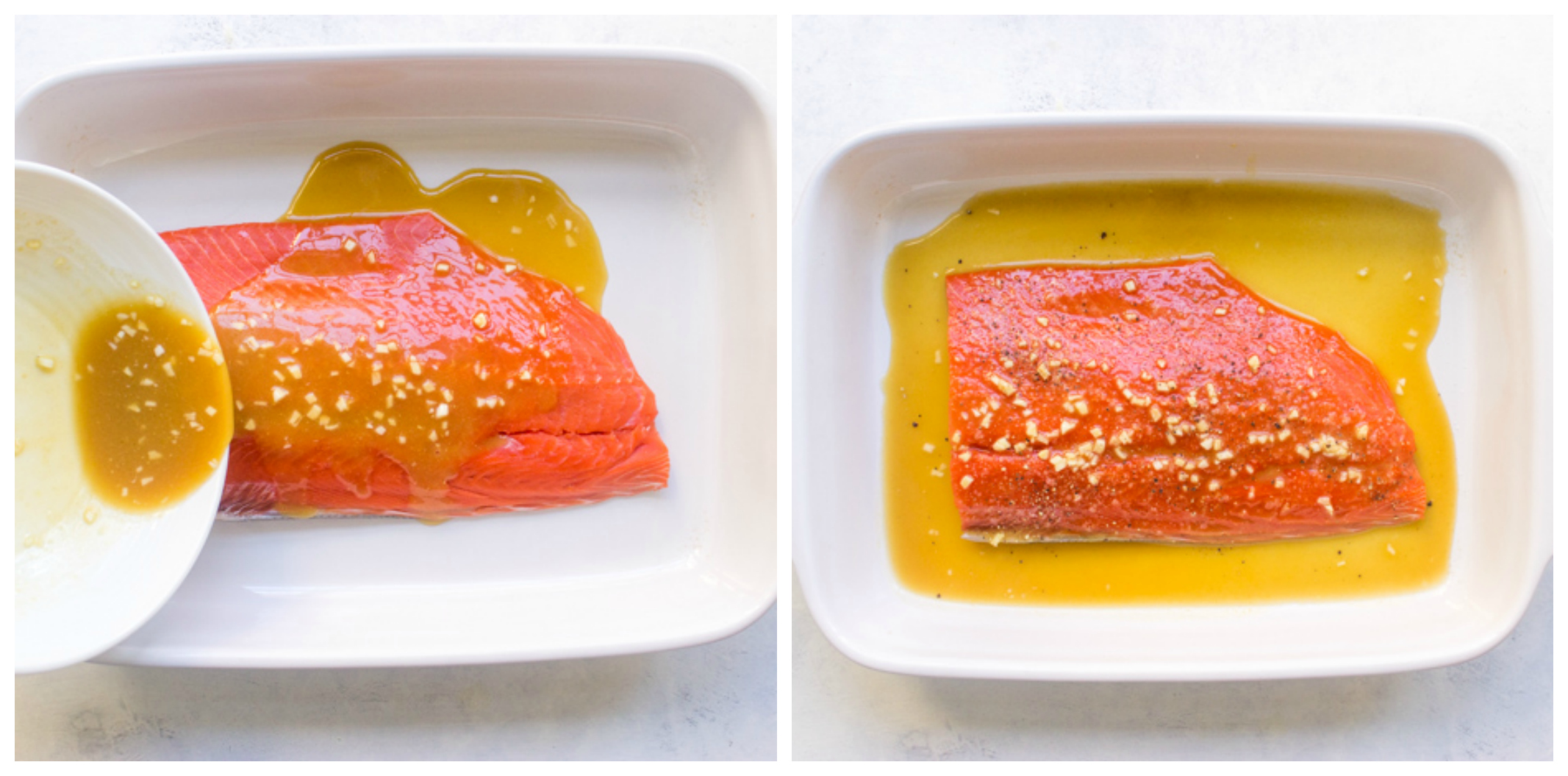 salmon in baking dish covered with mustard sauce.