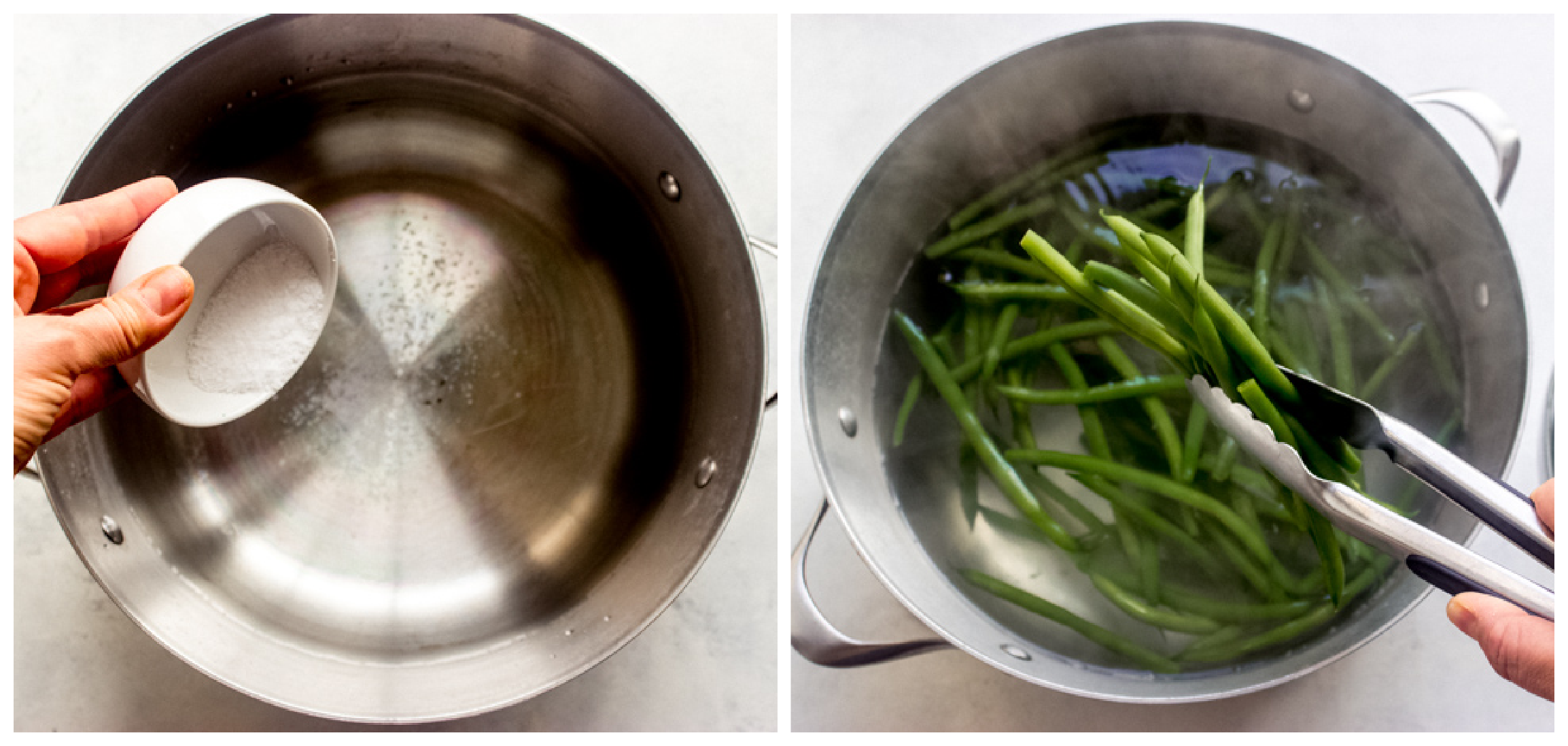 blanched green beans in a pot.