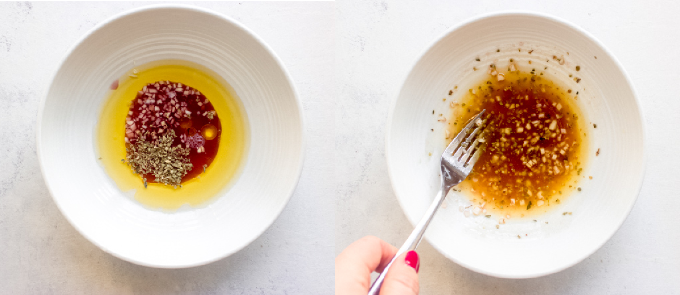 greek vinaigrette in a white bowl