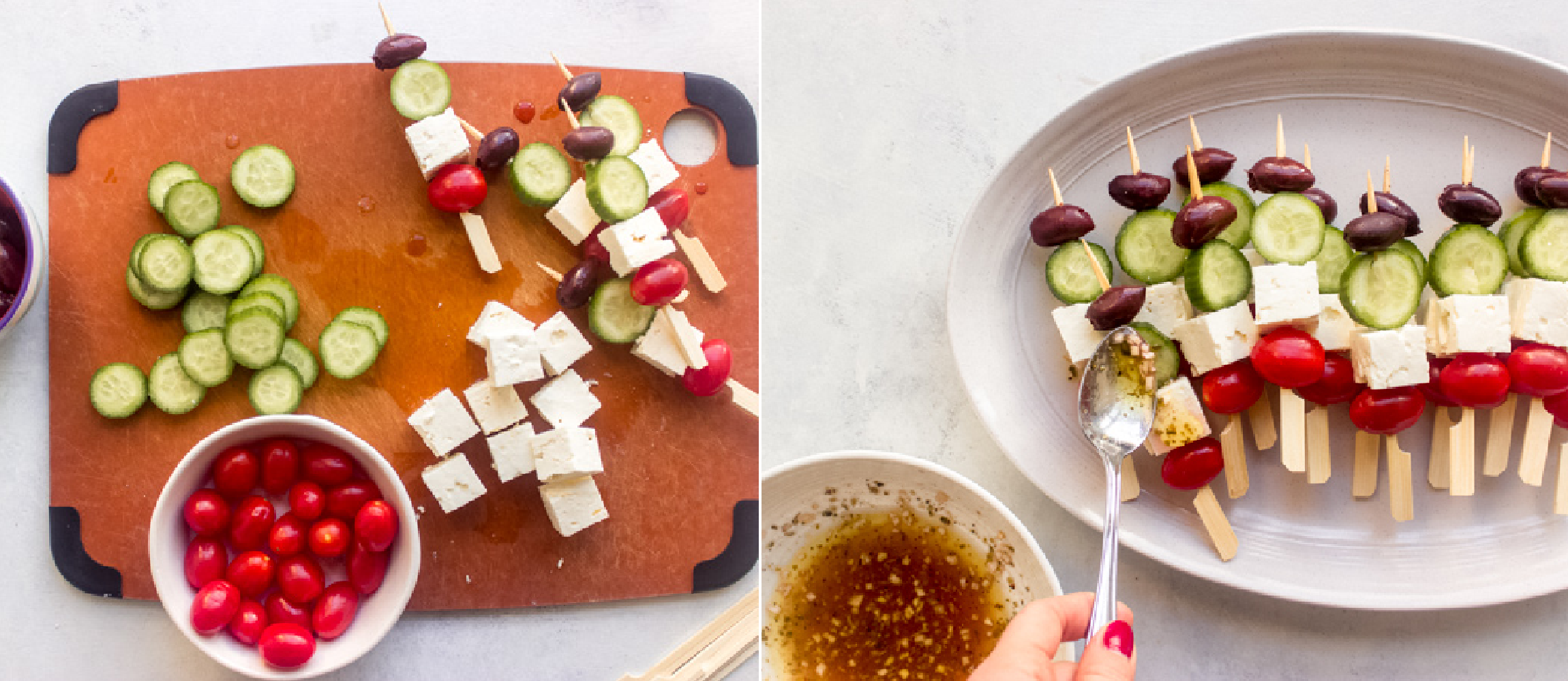 assembled greek salad kabobs