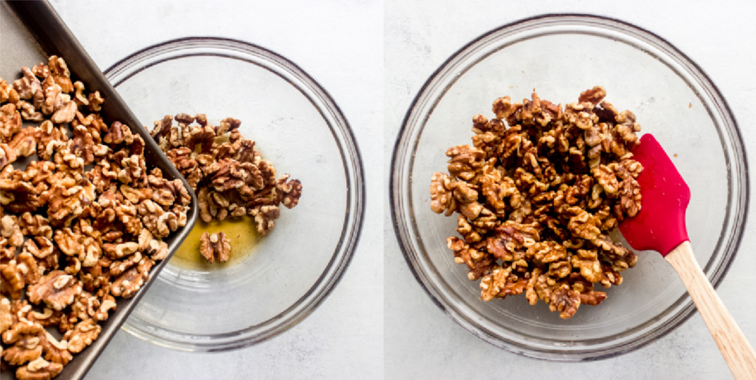 walnuts in a bowl with maple syrup