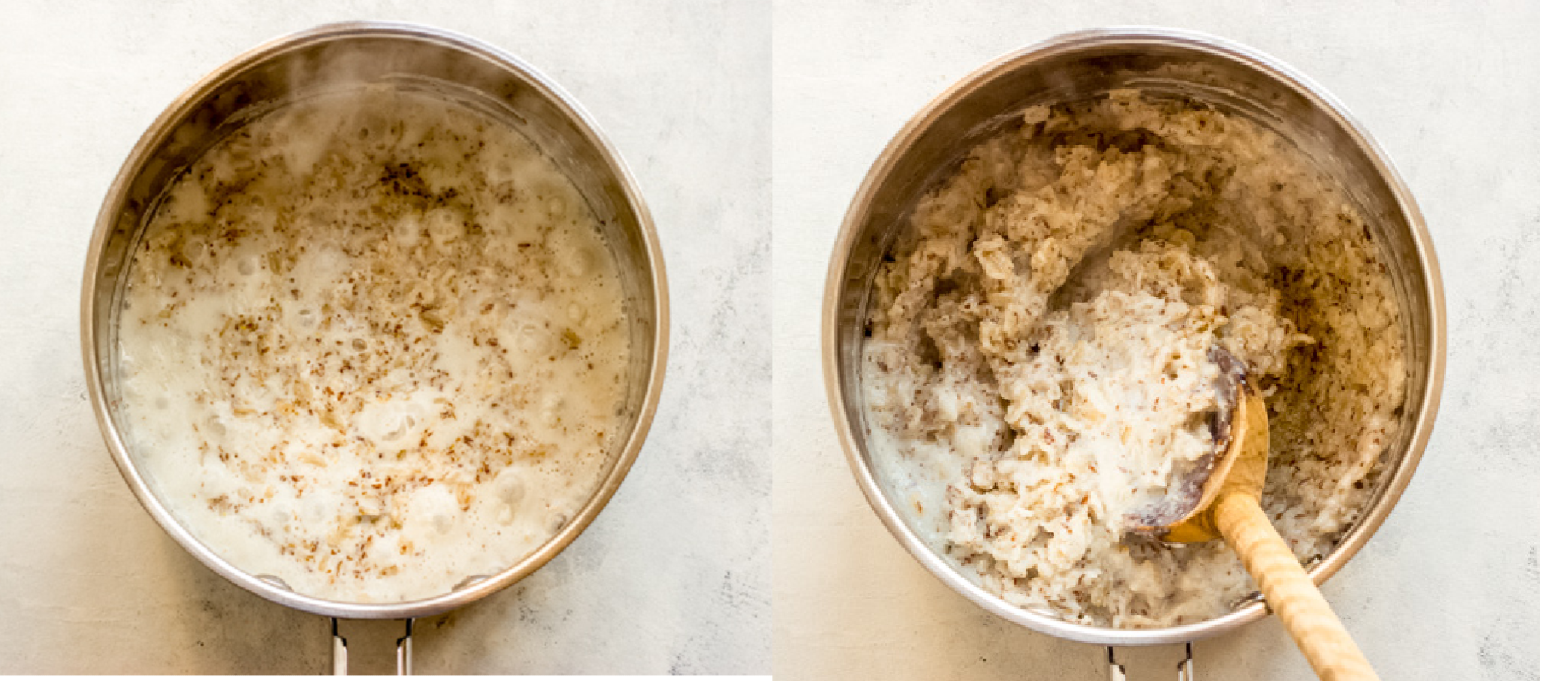 cooked oatmeal with flaxseed in a pan