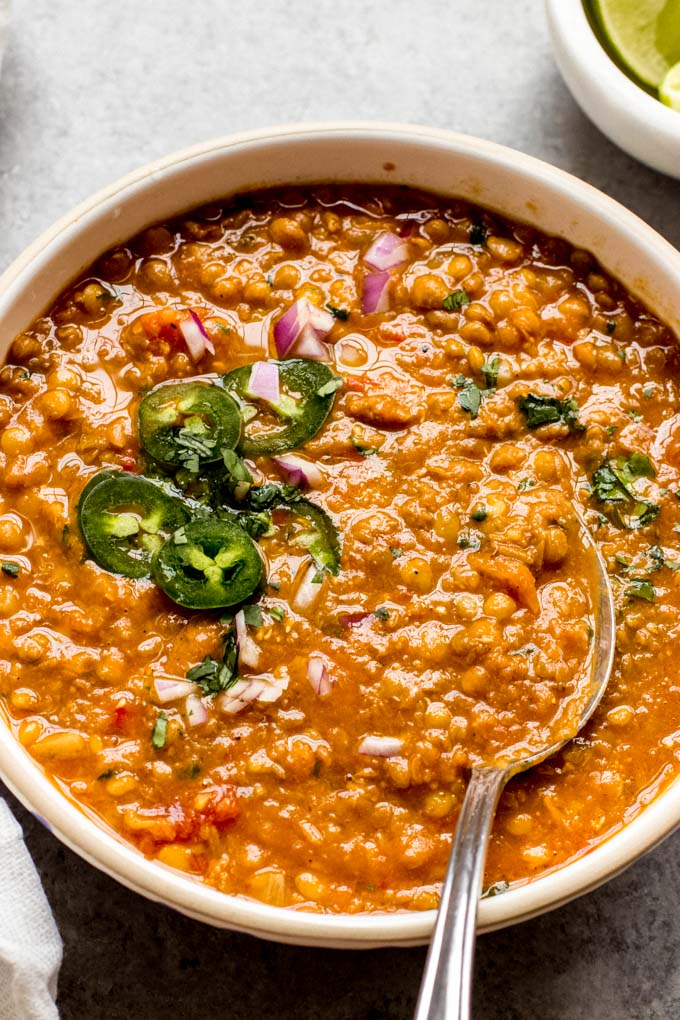 close up lentil chili recipe