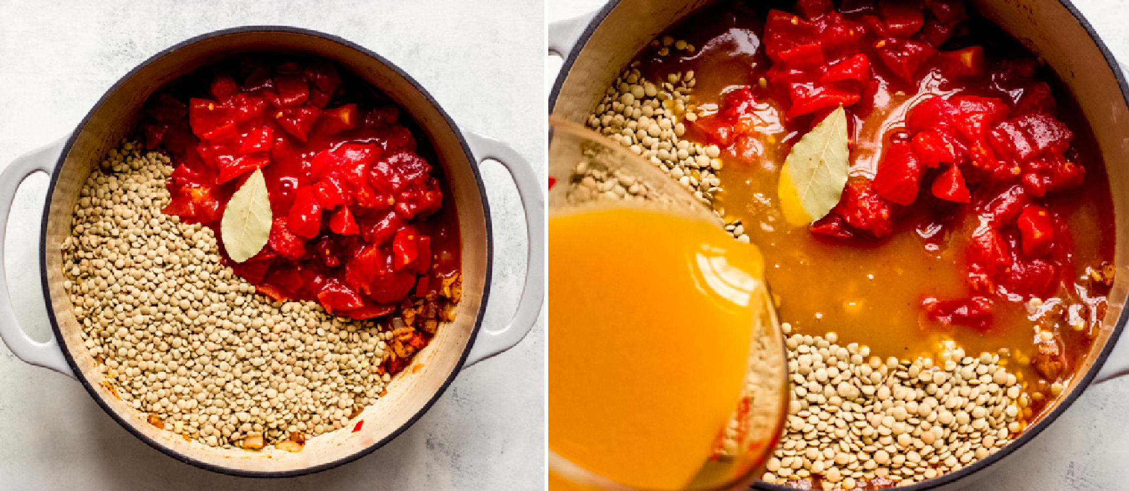 lentils with vegetable stock in a pot