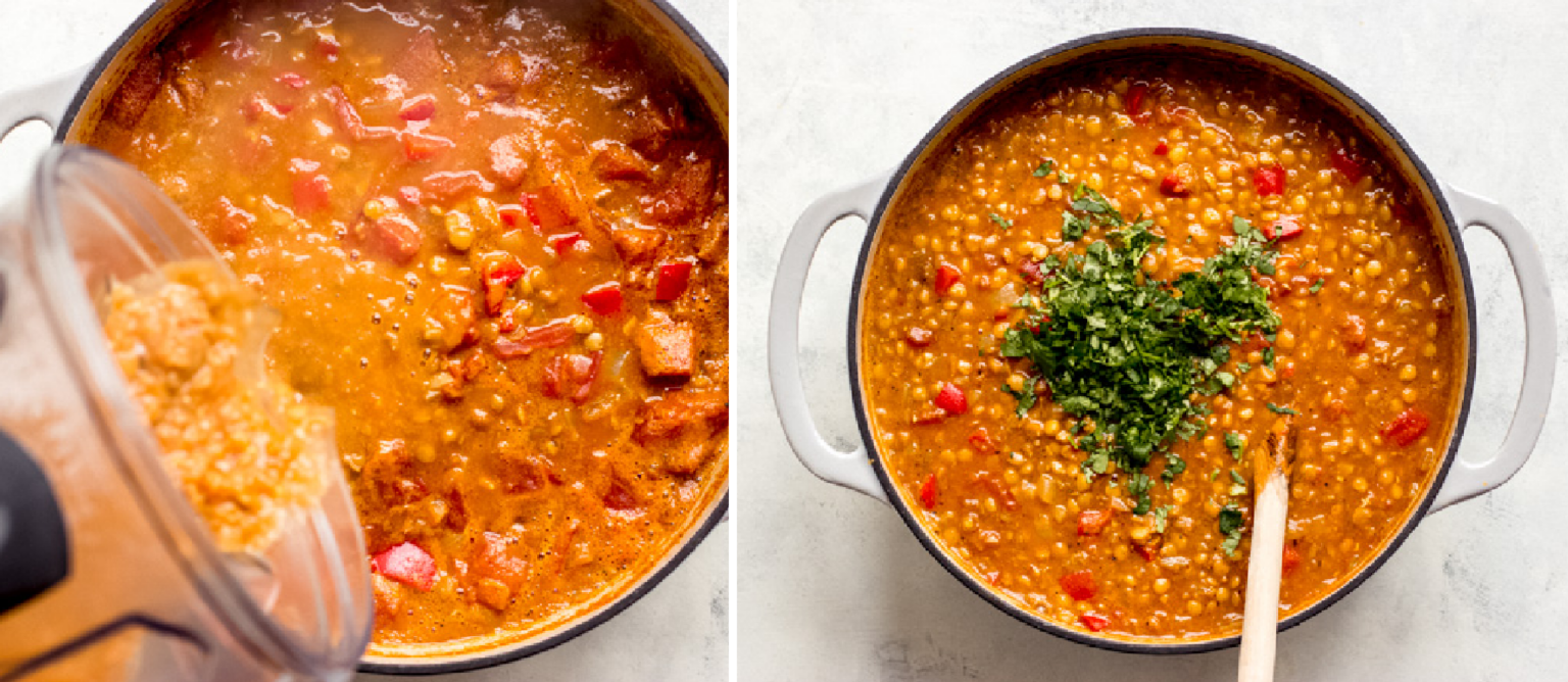 lentil chili topped with cilantro in a dutch oven