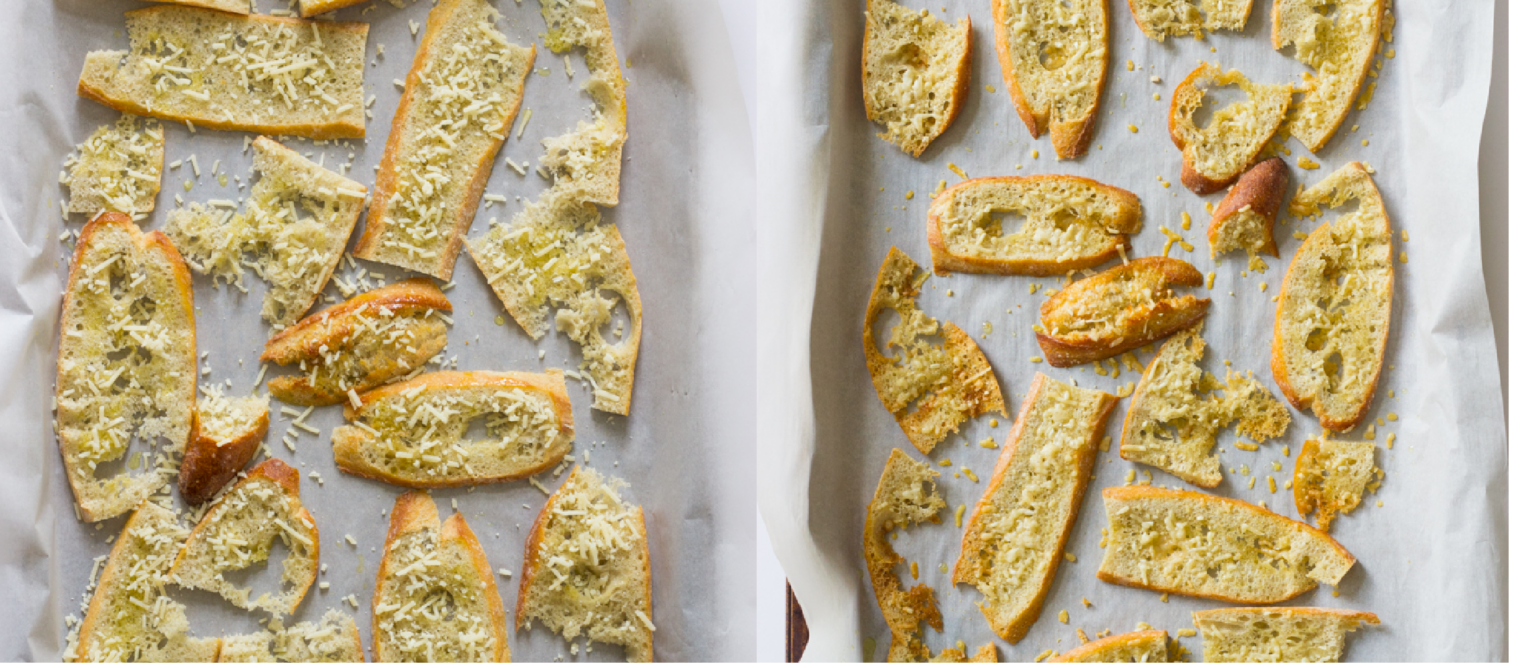 sliced baguette topped with parmesan.