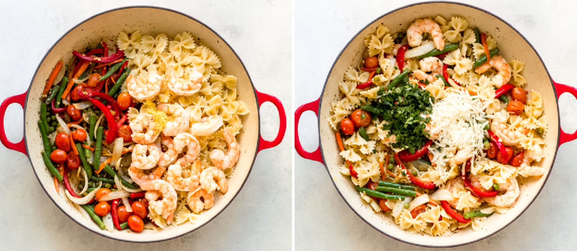 shrimp, pasta, and vegetables in pan