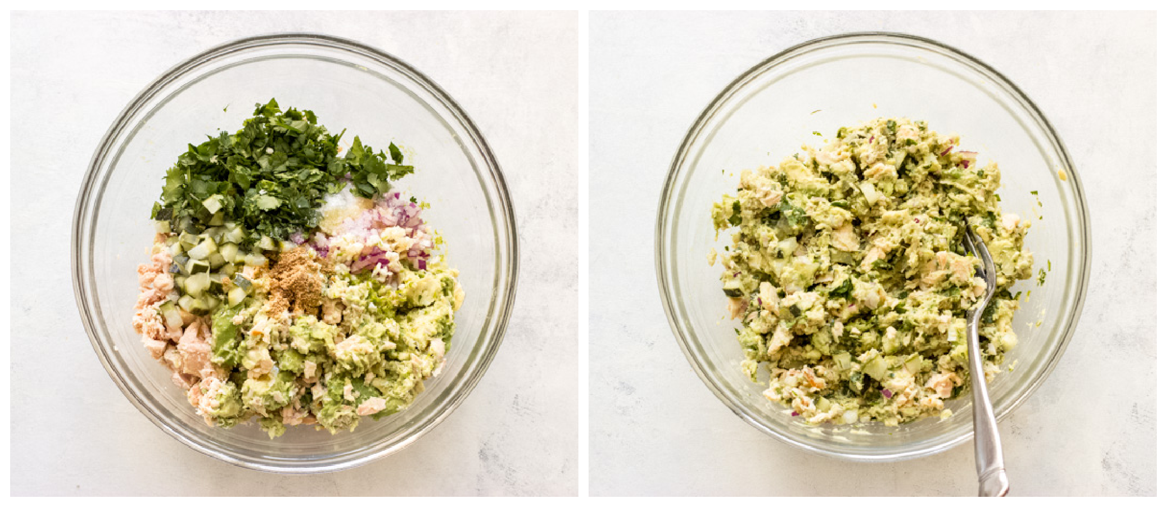 creamy avocado tuna salad in a glass bowl.