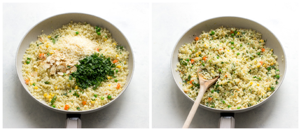 riced cauliflower with vegetables in a pan