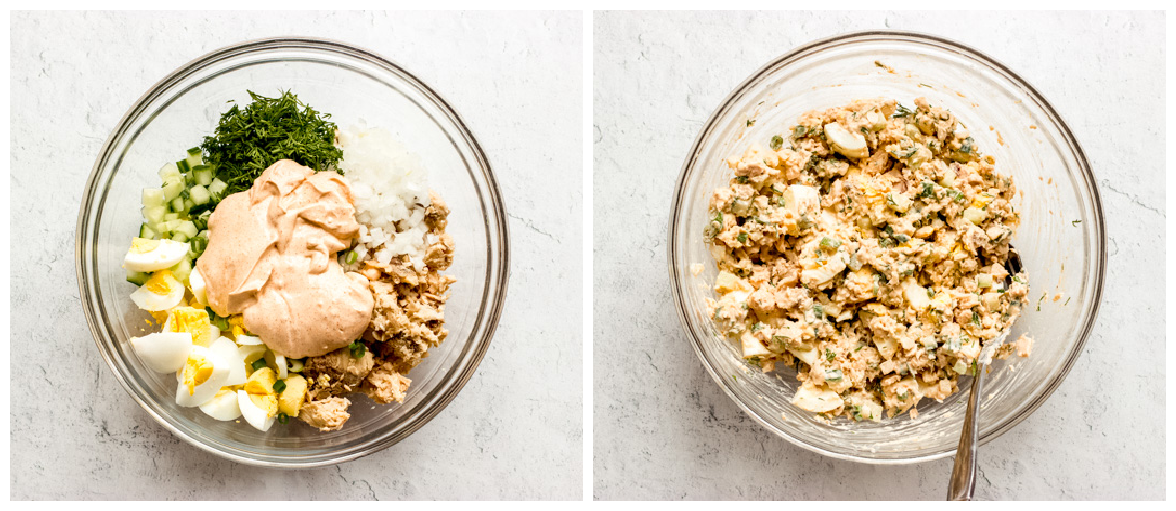 canned salmon salad with dressing in a bowl