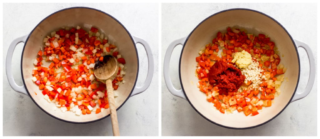 vegetables with red curry paste in a stockpot