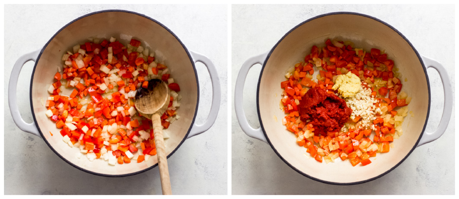 vegetables with red curry paste in a stockpot