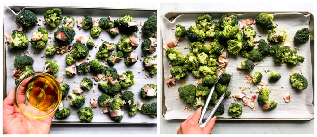 broccoli with bacon, parmesan, and pine nuts on a baking sheet