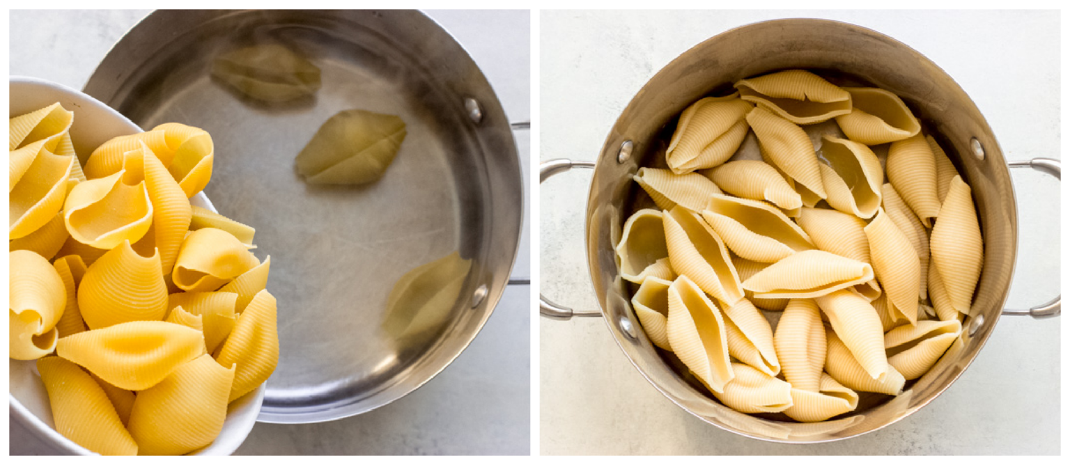 cooked jumbo shells in a pot