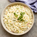 overhead creamy coleslaw in a bowl