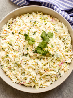 overhead creamy coleslaw in a bowl