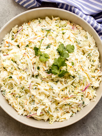 overhead creamy coleslaw in a bowl