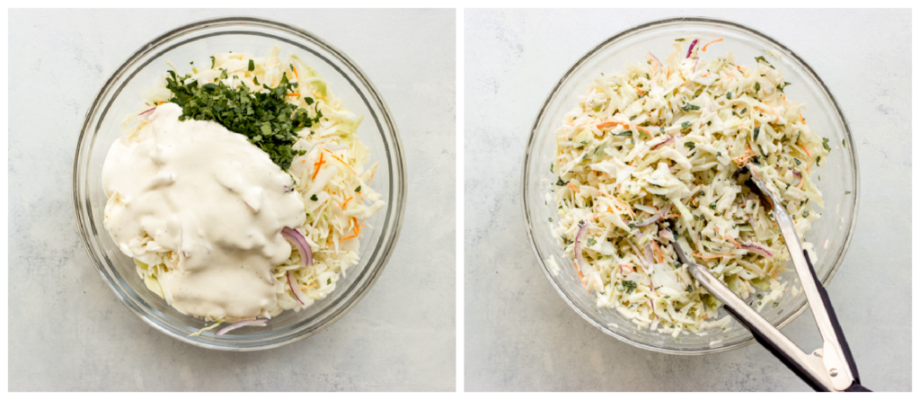 coleslaw with dressing in a white bowl