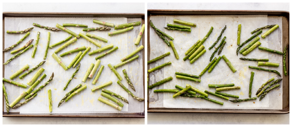 roasted asparagus in a pan