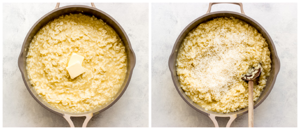 risotto with butter and parmesan in a pan