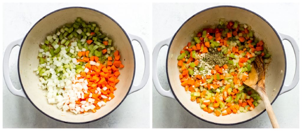 cooked veggies in a soup pot