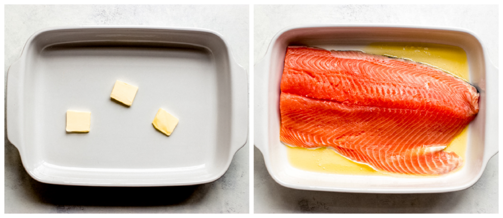 salmon in baking dish with melted butter