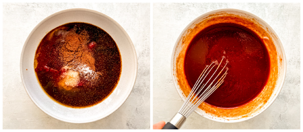 homemade bbq sauce in a bowl with a whisk.