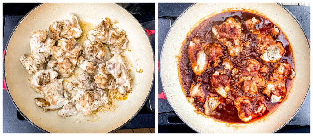 chicken thighs with BBQ sauce in a pan.