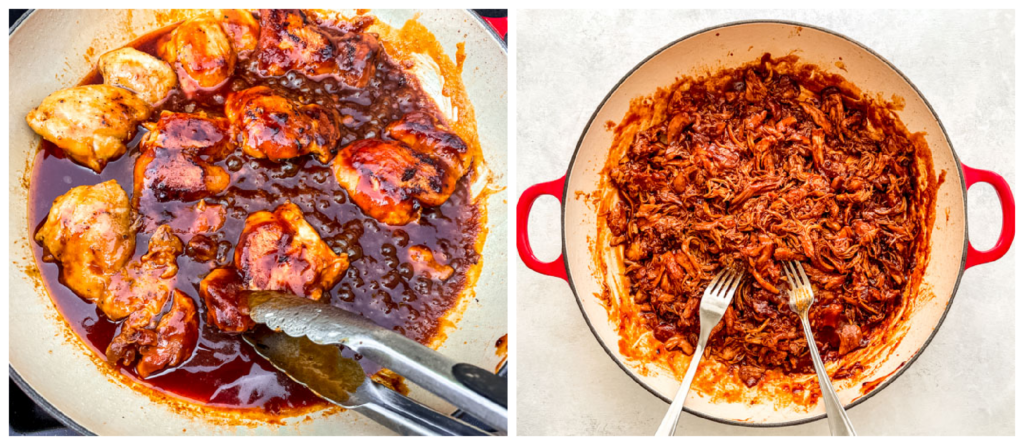 shredded BBQ chicken with two forks.