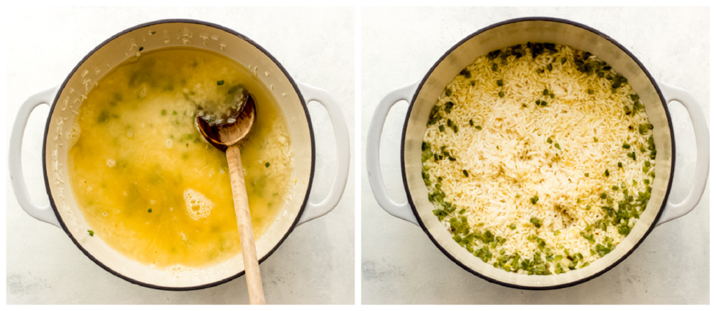 rice with chicken broth in saucepan