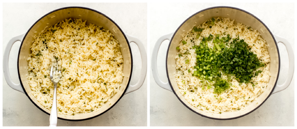 cooked rice with cilantro and green onions 