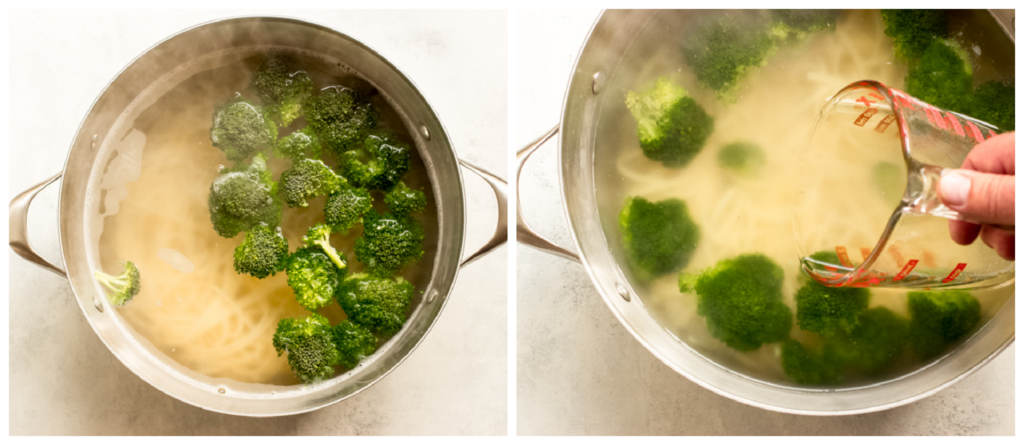 two pot photos showing pasta and broccoli in one, and pasta and broccoli being drained in second.