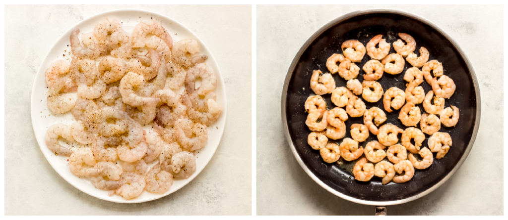 two photos showing raw shrimp on a plate in one, and cooked shrimp in a skillet in second.