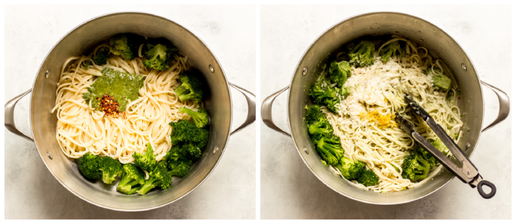 two photos showing pasta with pesto in a pot in one, and tossed pasta with a pair of tongs in second.